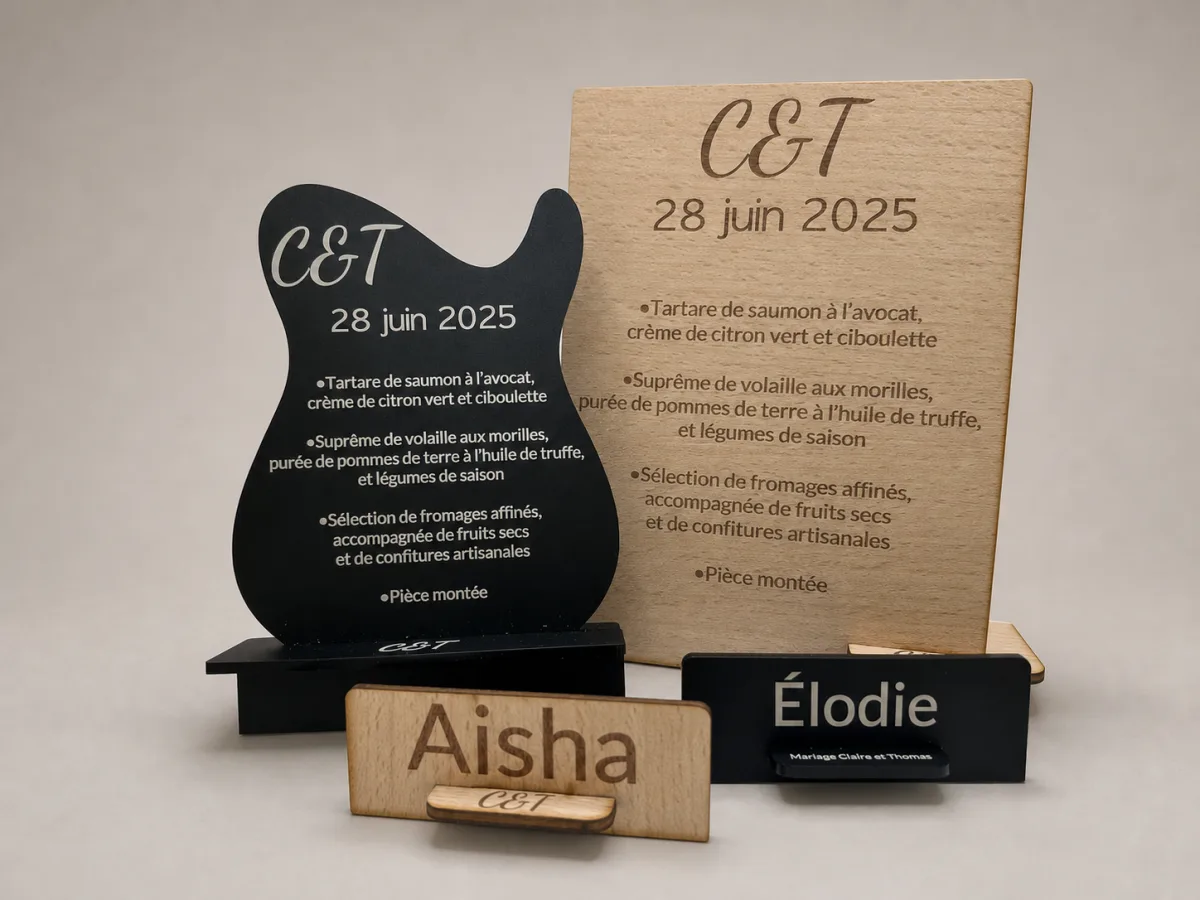 Menus et marque-places de mariage gravés en bois et en acrylique sur fond neutre